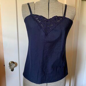 VTG 90s Navy Embroidered Camisole Sz 34 Adjustable Straps Scallop Stitching